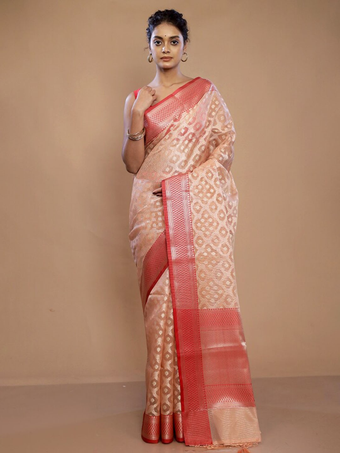 

AllSilks Ethnic Motifs Woven Design Pure Silk Zari Saree, Cream