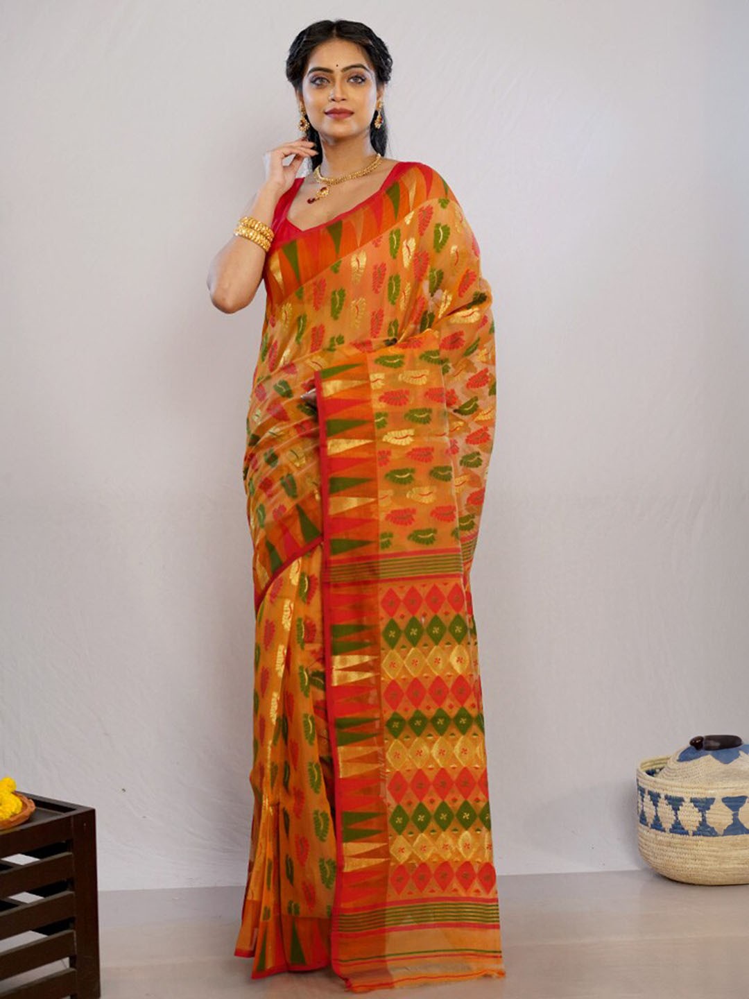 

AllSilks Ethnic Motifs Woven Design Pure Cotton Taant Saree, Rust