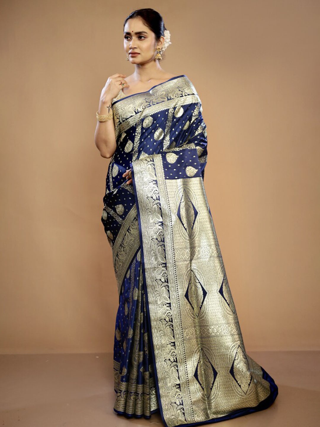 

AllSilks Ethnic Motifs Woven Design Zari Pure Silk Banarasi Saree, Blue