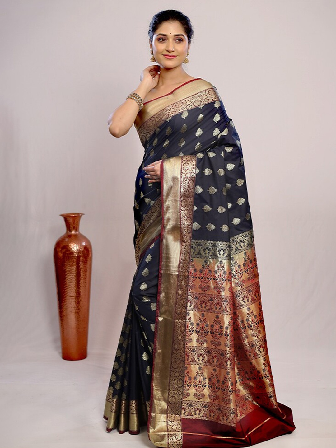 

AllSilks Ethnic Motifs Woven Design Zari Pure Silk Kanjeevaram Saree, Black