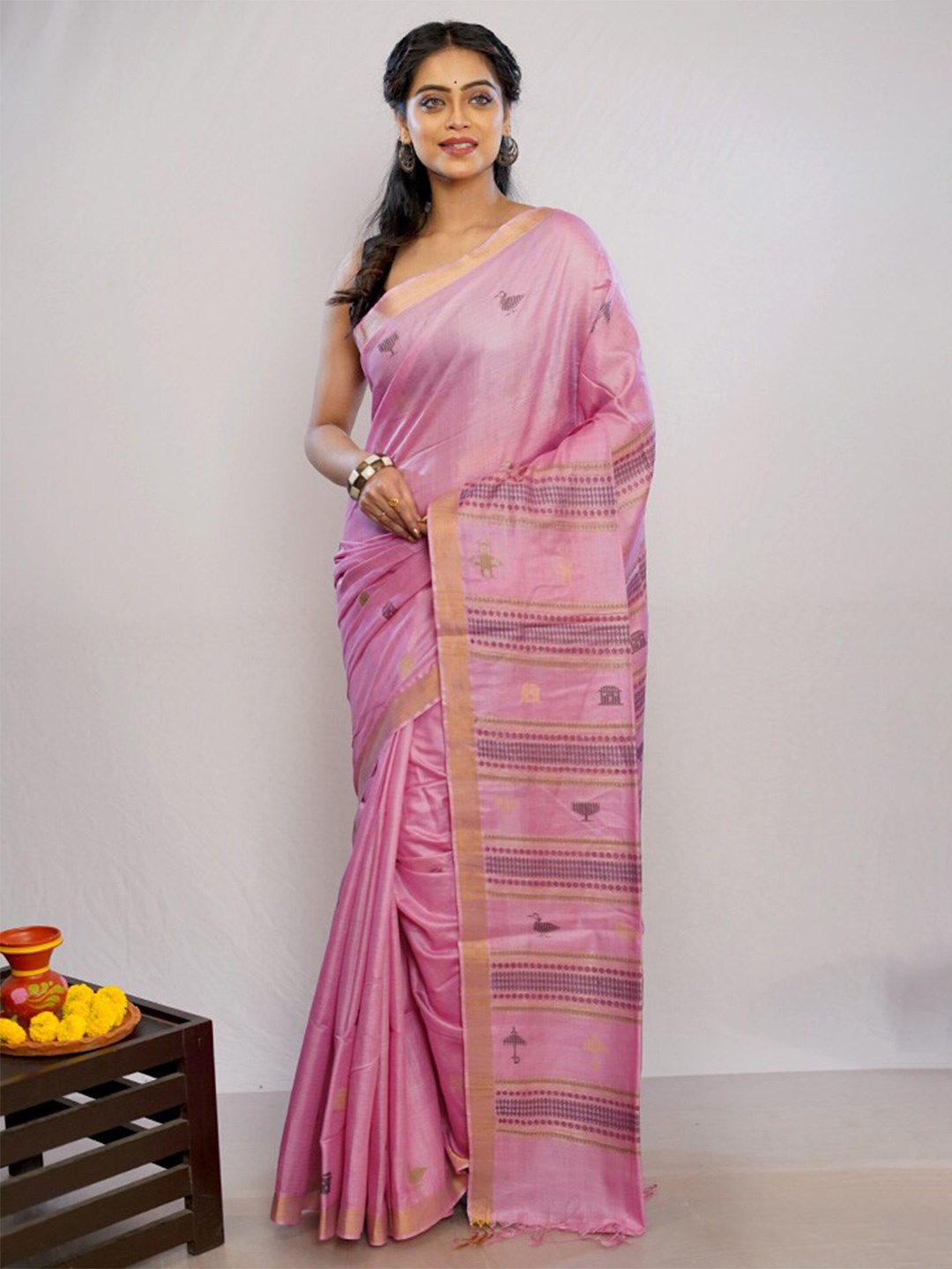 

AllSilks Ethnic Woven Design Zari Pure Silk Tussar Saree, Pink
