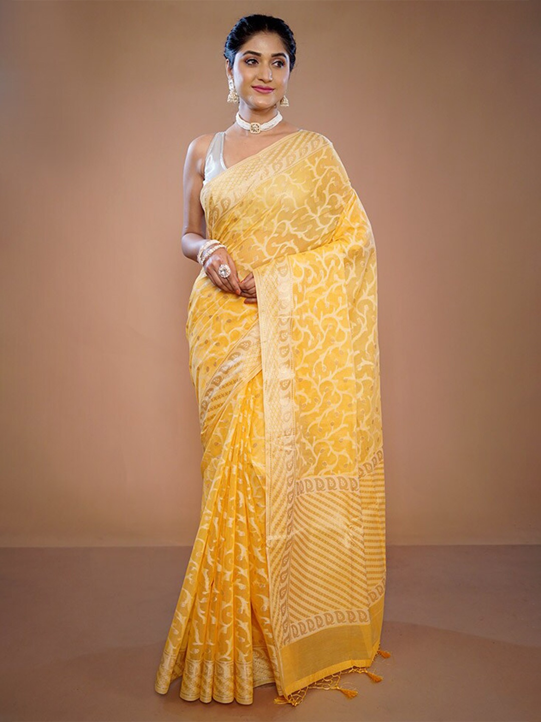 

AllSilks Floral Woven Design Zari Pure Silk Saree, Yellow