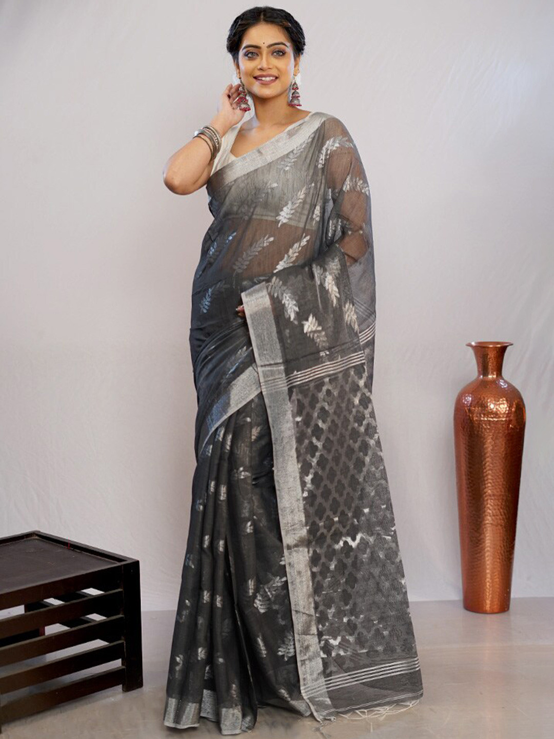 

AllSilks Floral Woven Design Zari Pure Silk Saree, Grey