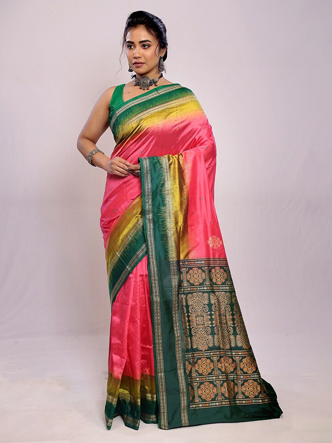 

AllSilks Ethnic Motifs Woven Design Pure Silk Bomkai silk Saree, Pink