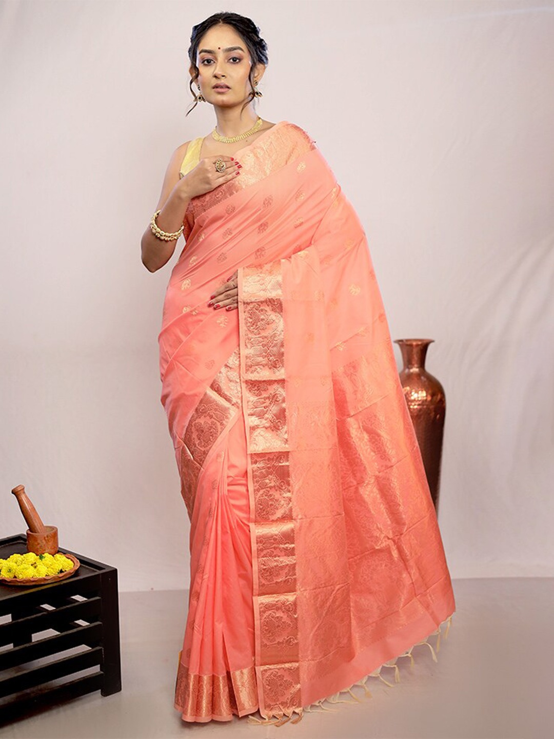 

AllSilks Ethnic Motifs Woven Design Zari Pure Silk Saree, Pink