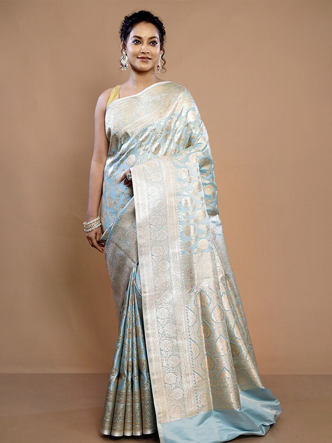 

AllSilks Ethnic Motifs Woven Design Zari Pure Silk Banarasi Saree, Blue