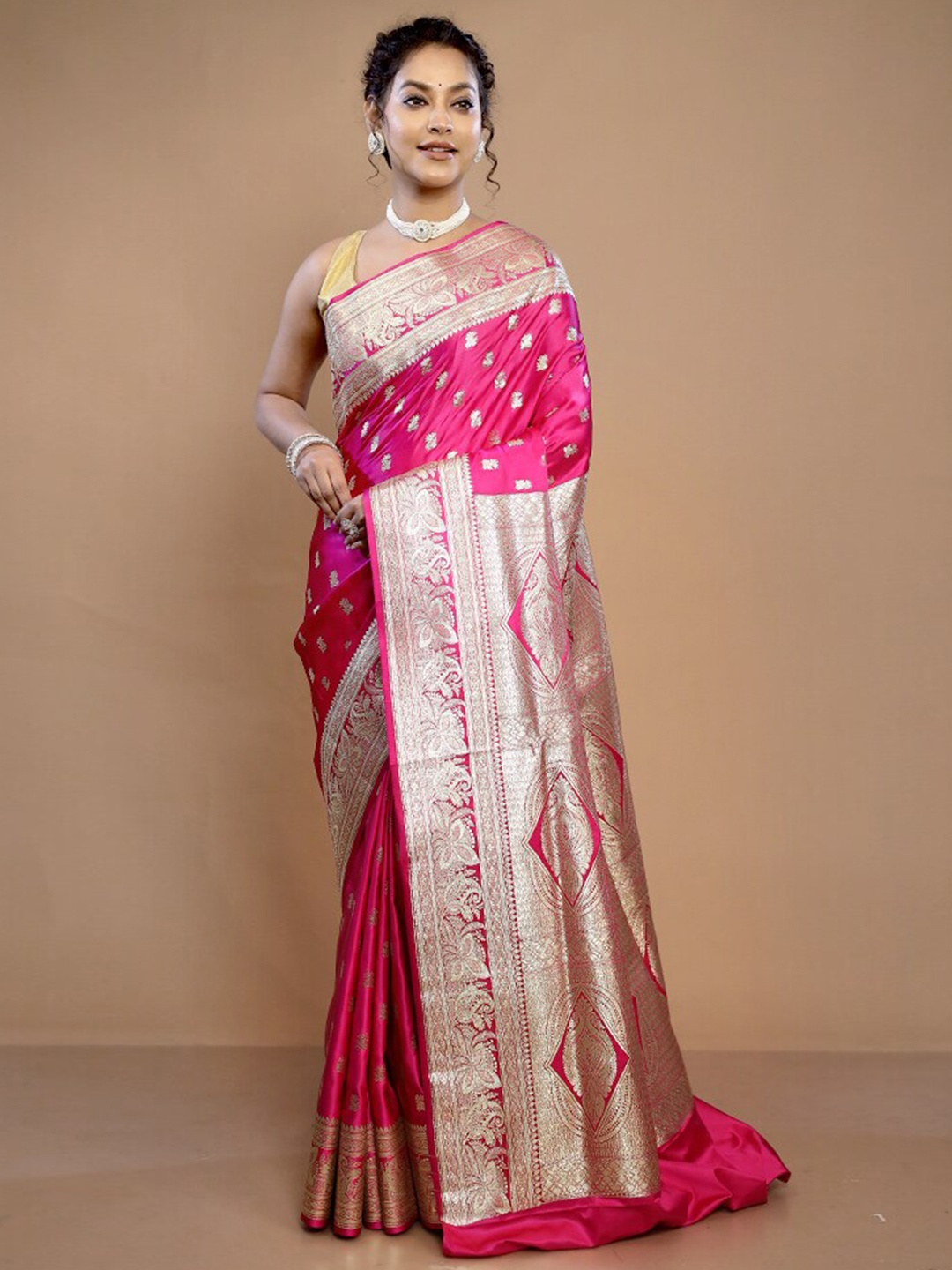 

AllSilks Ethnic Motifs Woven Design Zari Pure Silk Banarasi Saree, Pink