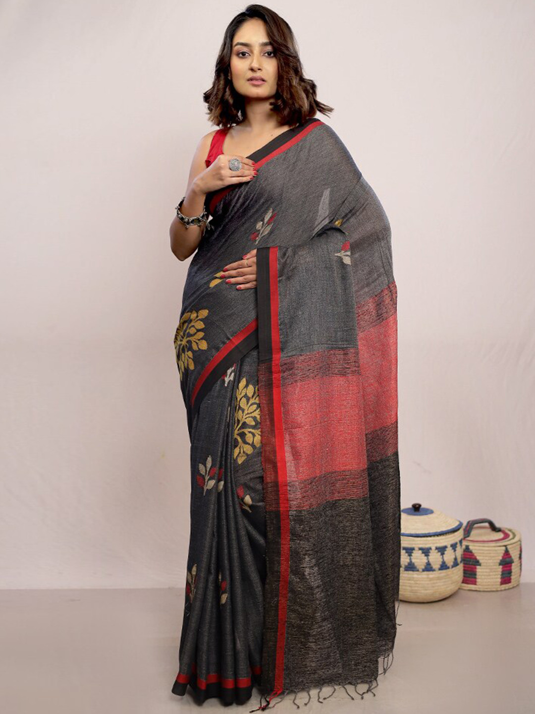 

AllSilks Floral Woven Design Pure Silk Saree, Grey