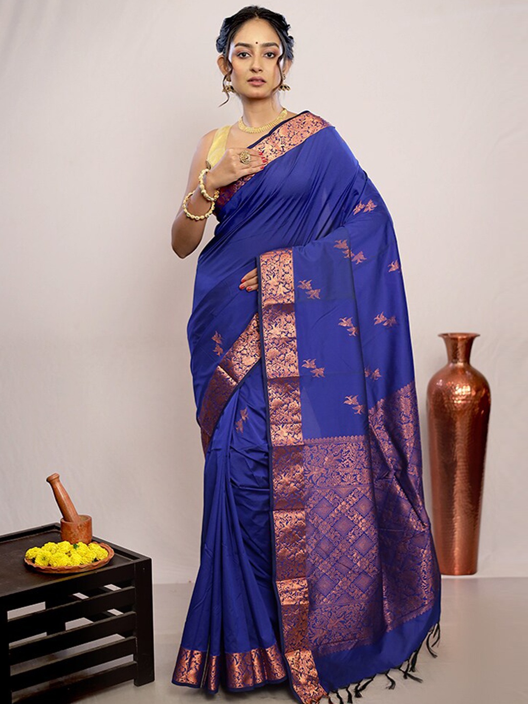

AllSilks Ethnic Motifs Zari Pure Silk Kanjeevaram Saree, Blue