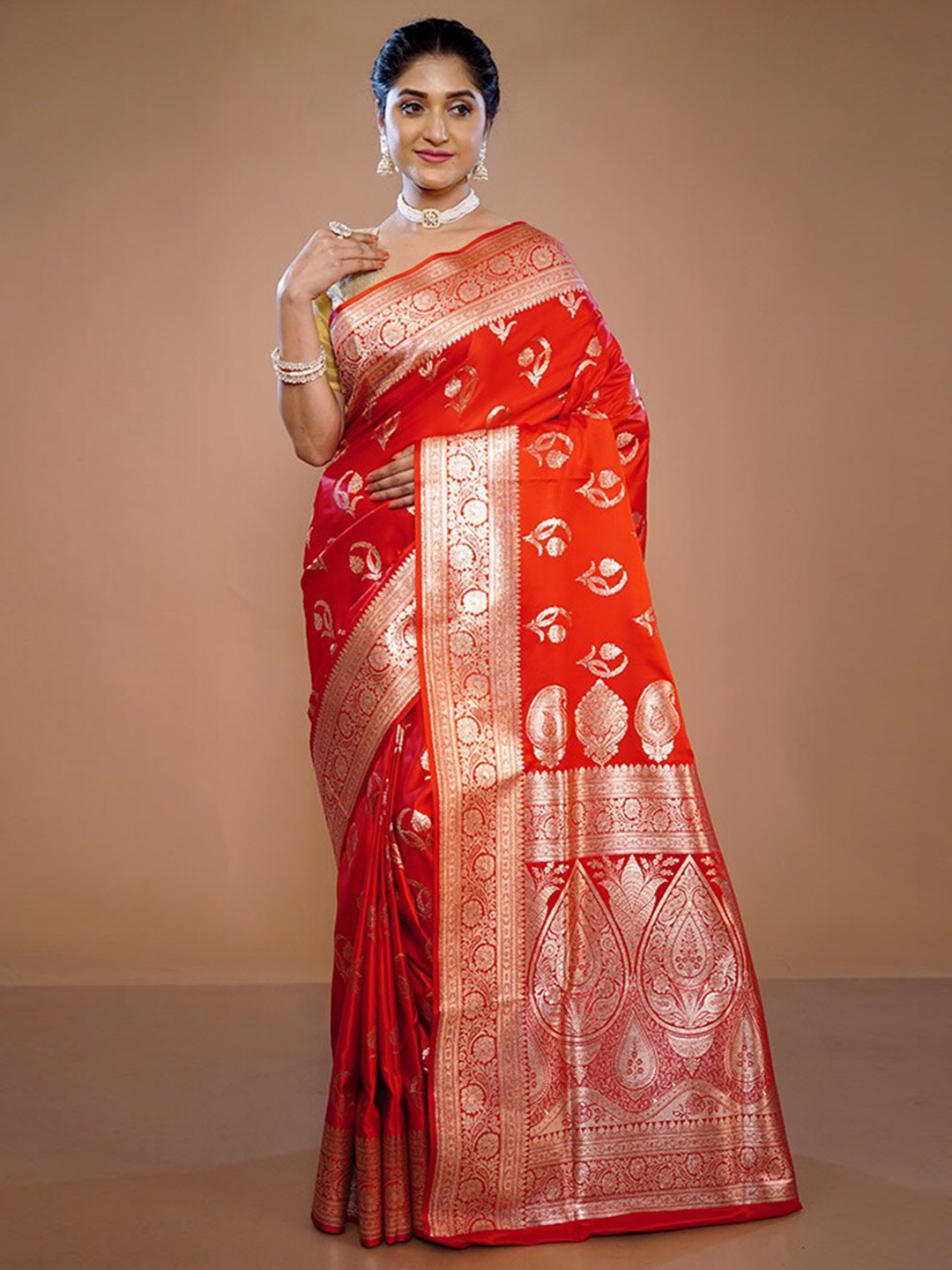

AllSilks Ethnic Woven Design Zari Pure Silk Banarasi Saree, Red