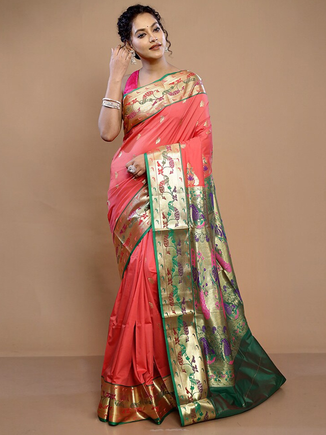 

AllSilks Ethnic Motifs Woven Design Zari Pure Silk Kanjeevaram Saree, Pink