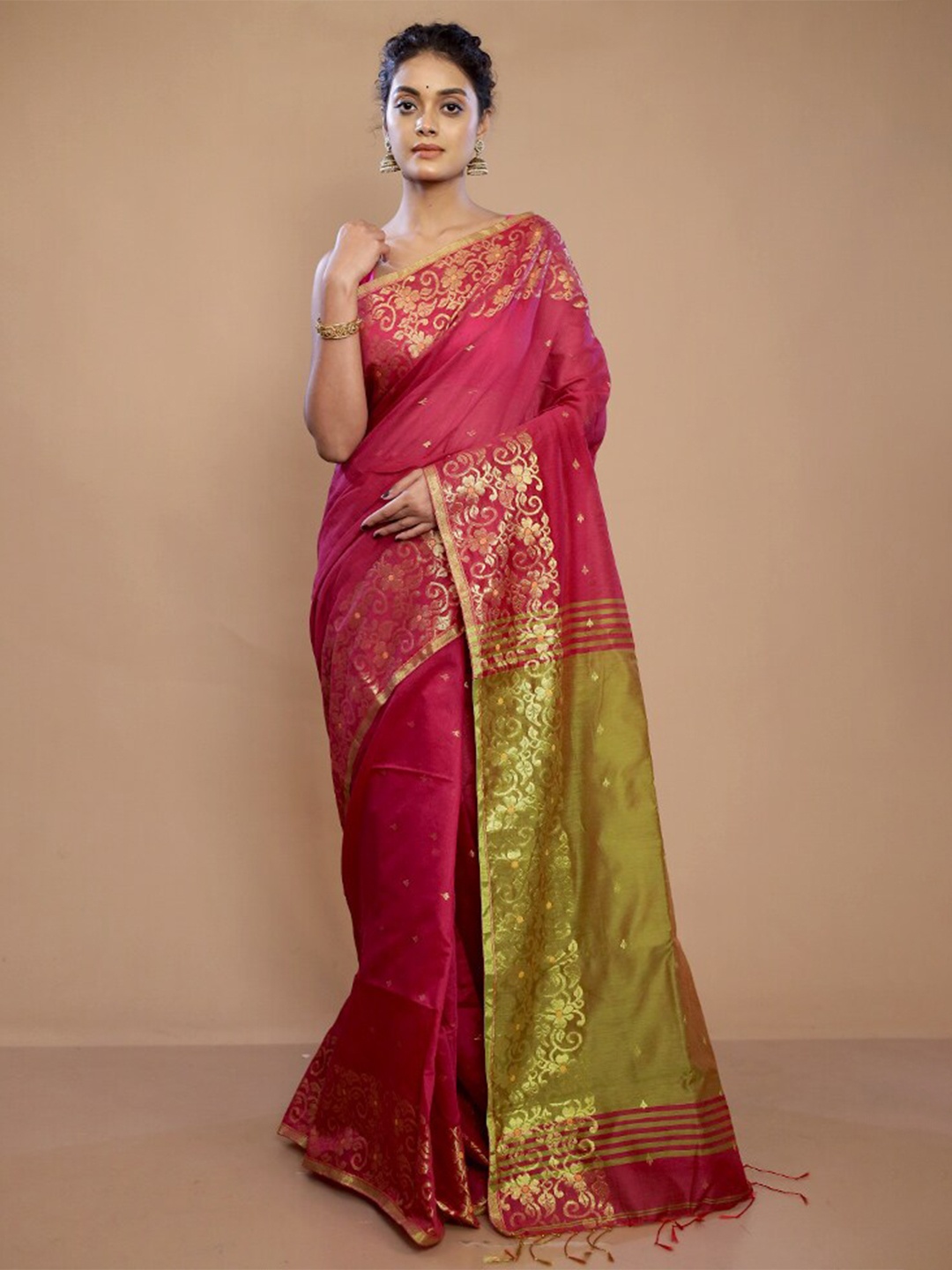 

AllSilks Ethnic Motifs Woven Design Zari Pure Silk Saree, Pink