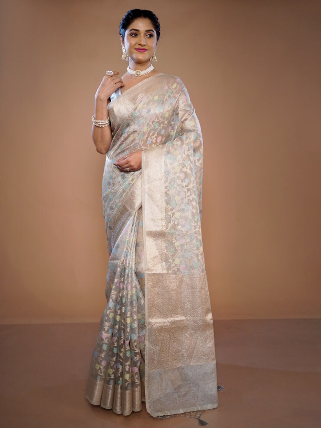 

AllSilks Floral Woven Design Zari Pure Silk Saree, Grey