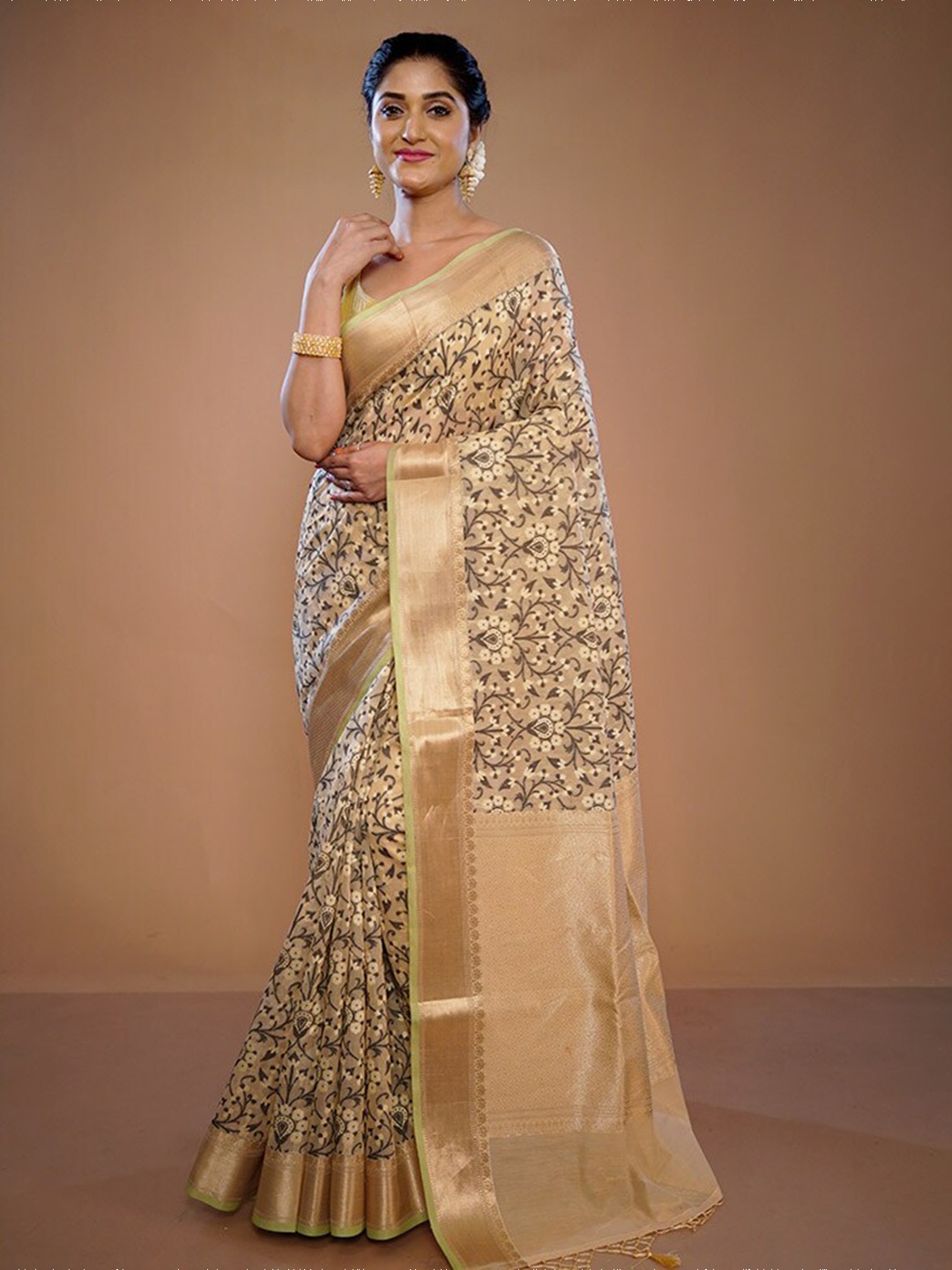 

AllSilks Floral Woven Design Zari Pure Silk Saree, Cream