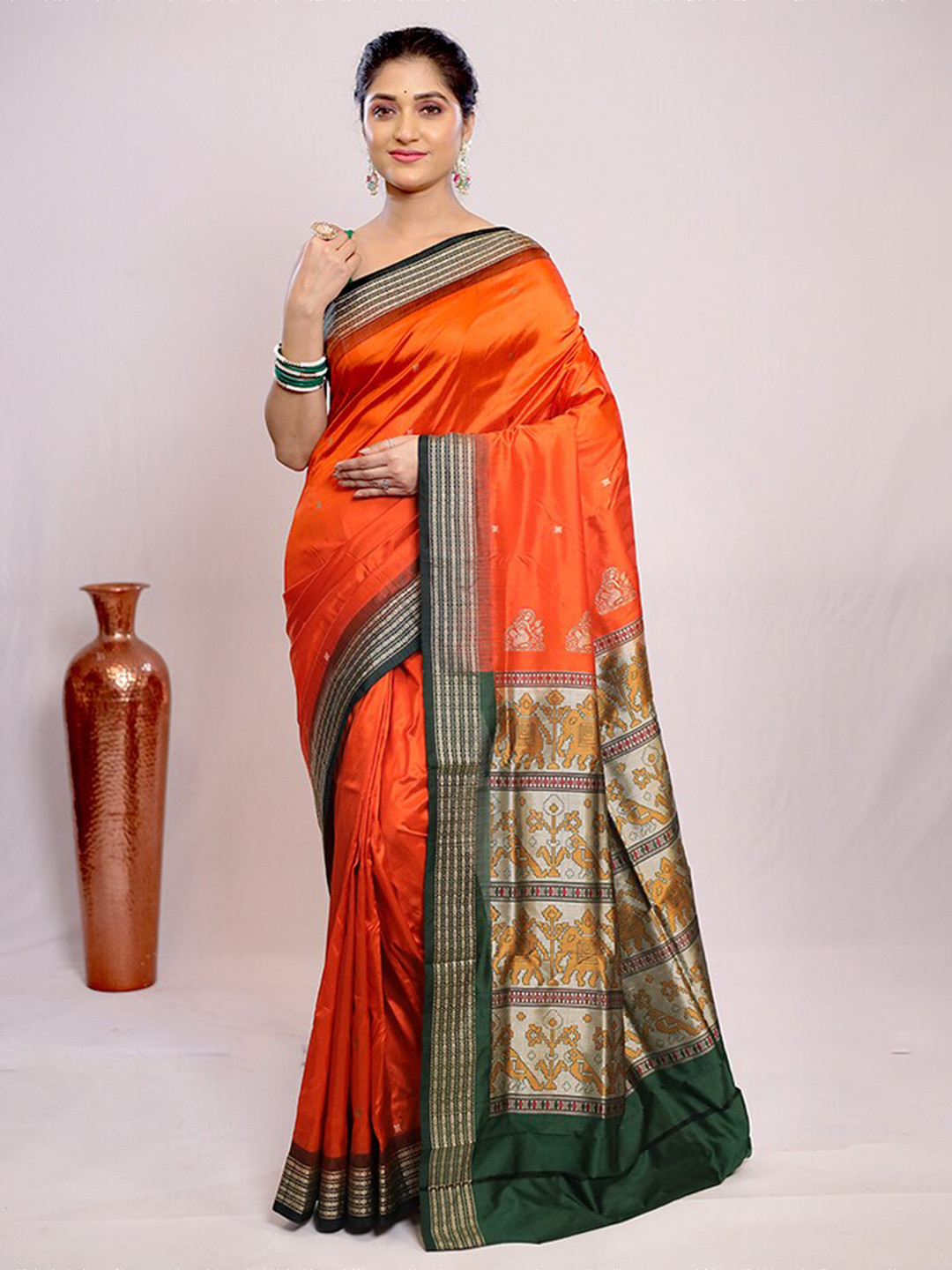 

AllSilks Ethnic Woven Design Bomkai Silk Saree, Orange