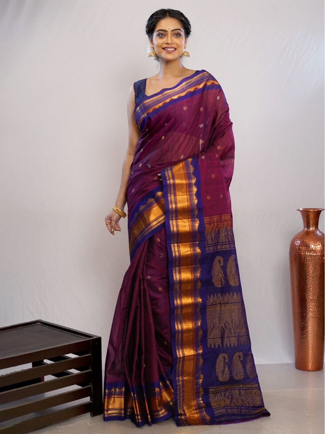 

AllSilks Ethnic Motifs Woven Design Zari Pure Silk Gadwal Saree, Purple