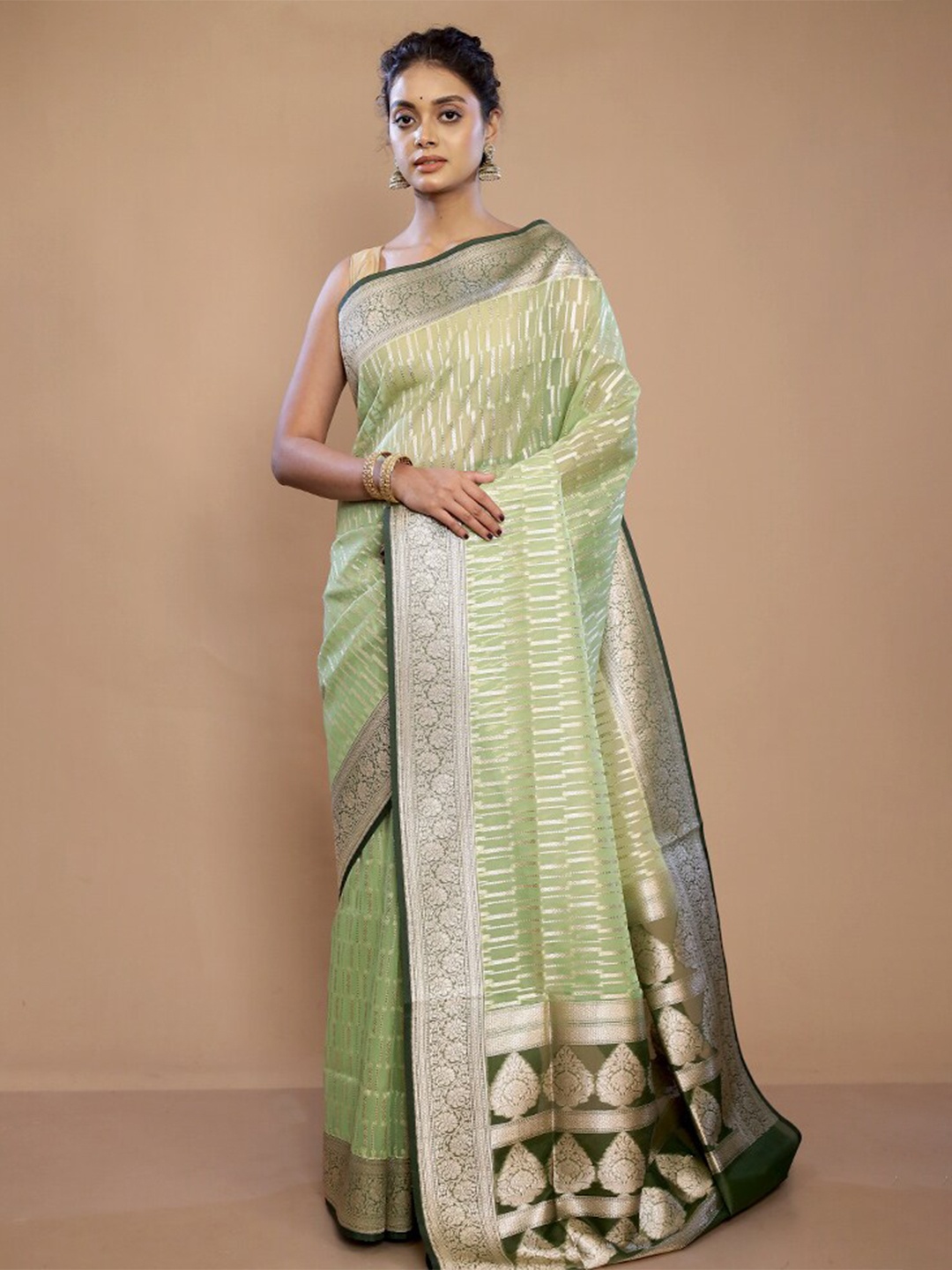 

AllSilks Ethnic Motifs Woven Design Zari Organza Saree, Green
