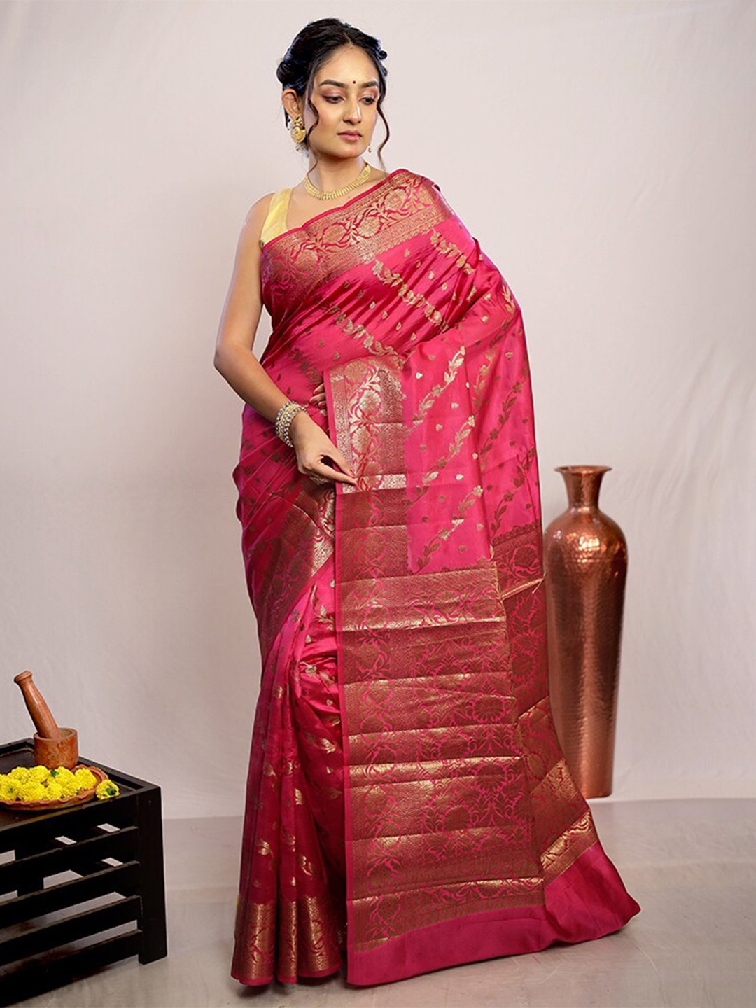 

AllSilks Floral Woven Design Zari Pure Silk Saree, Pink