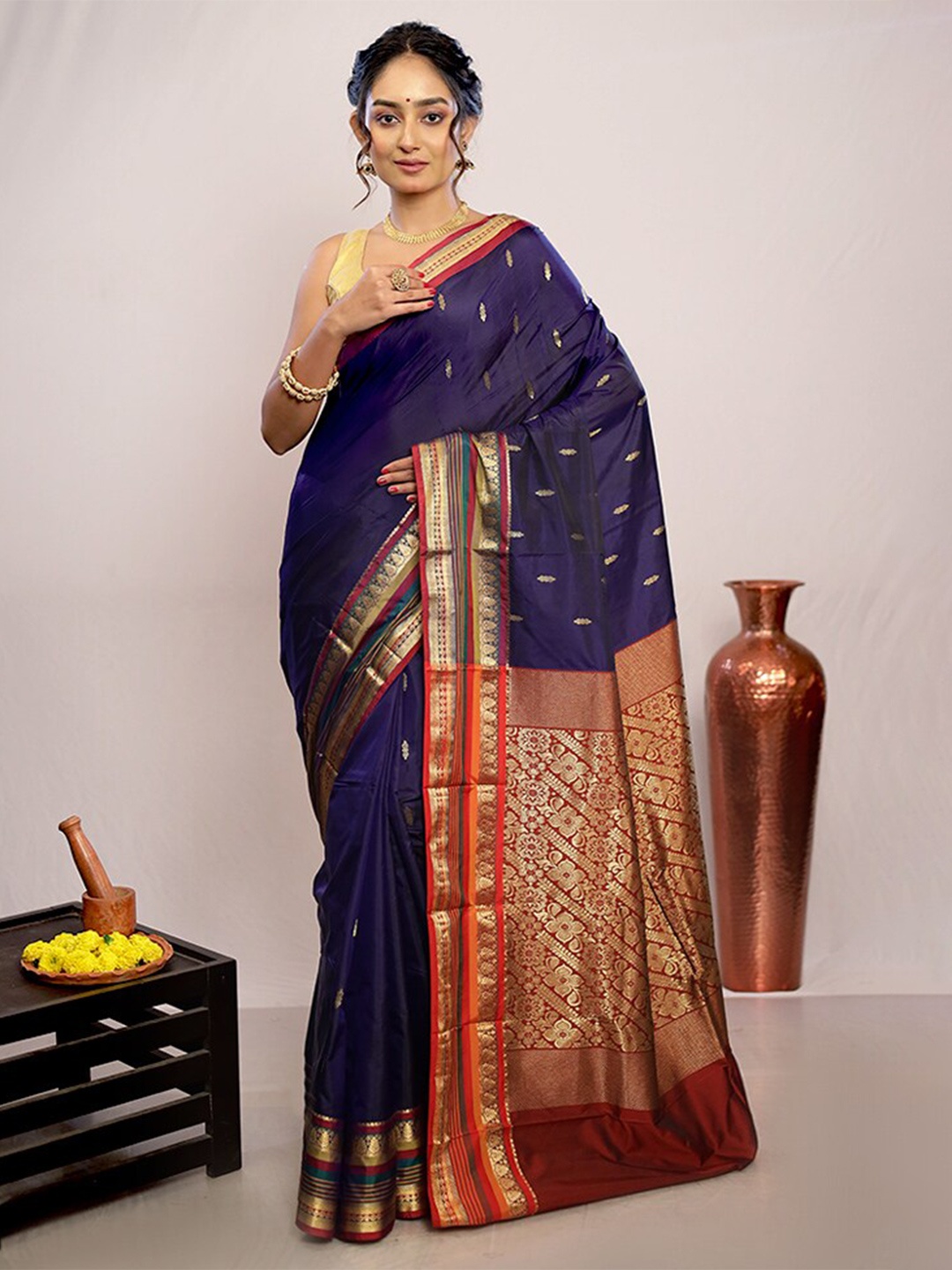 

AllSilks Ethnic Motifs Woven Design Zari Pure Silk Kanjeevaram Saree, Blue