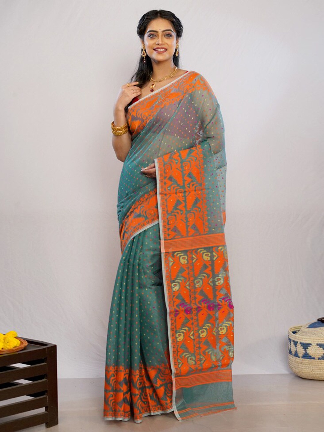 

AllSilks Polka Dots Woven Design Pure Cotton Taant Saree, Green