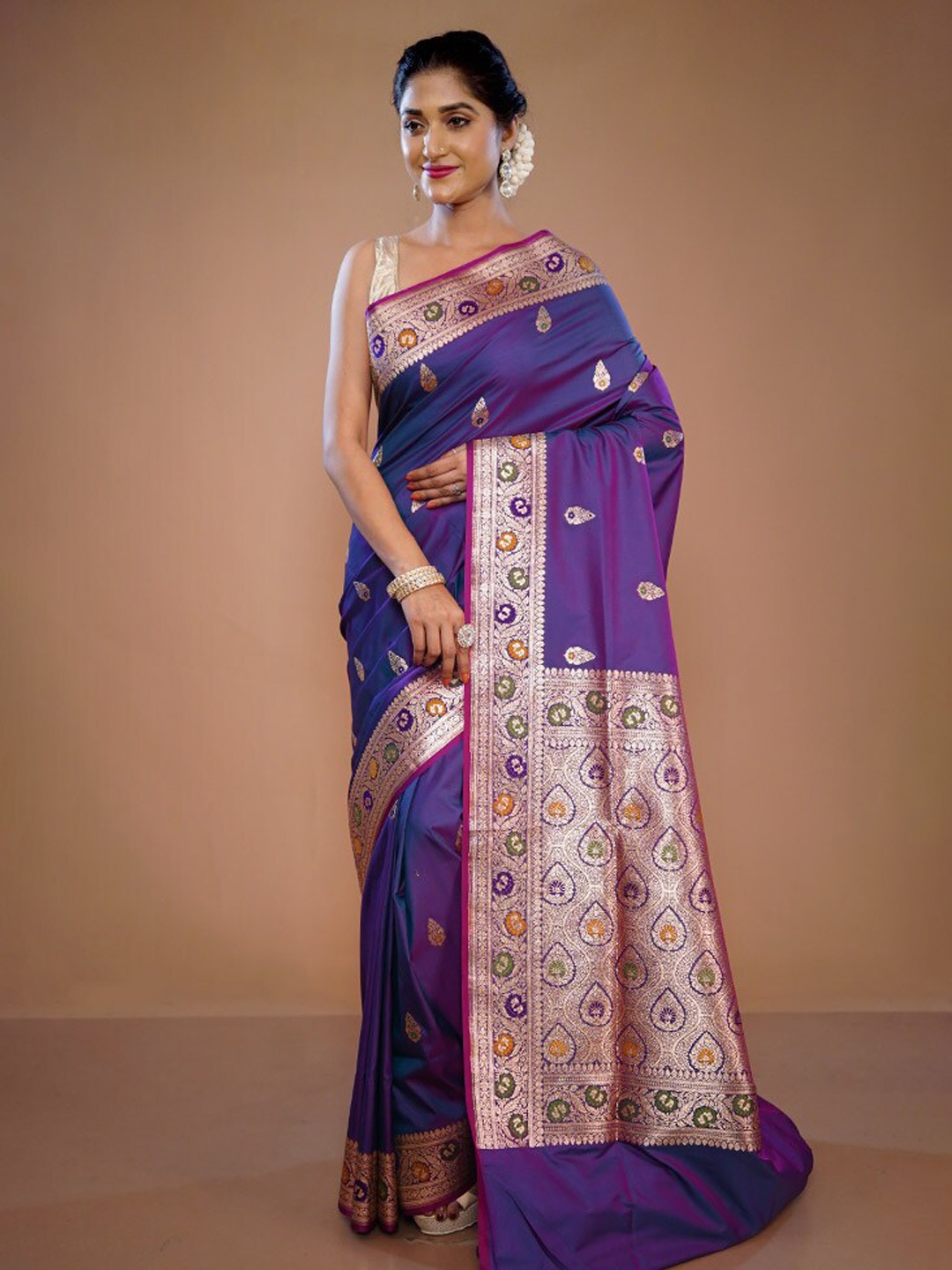 

AllSilks Ethnic Motifs Woven Design Zari Pure Silk Banarasi Saree, Blue