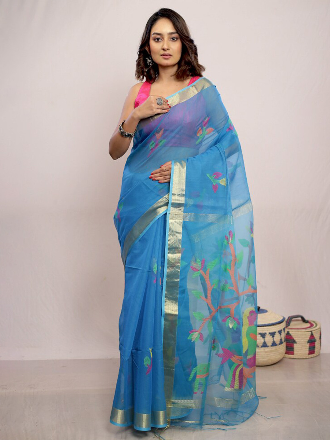 

AllSilks Floral Woven Design Zari Pure Silk Saree, Blue