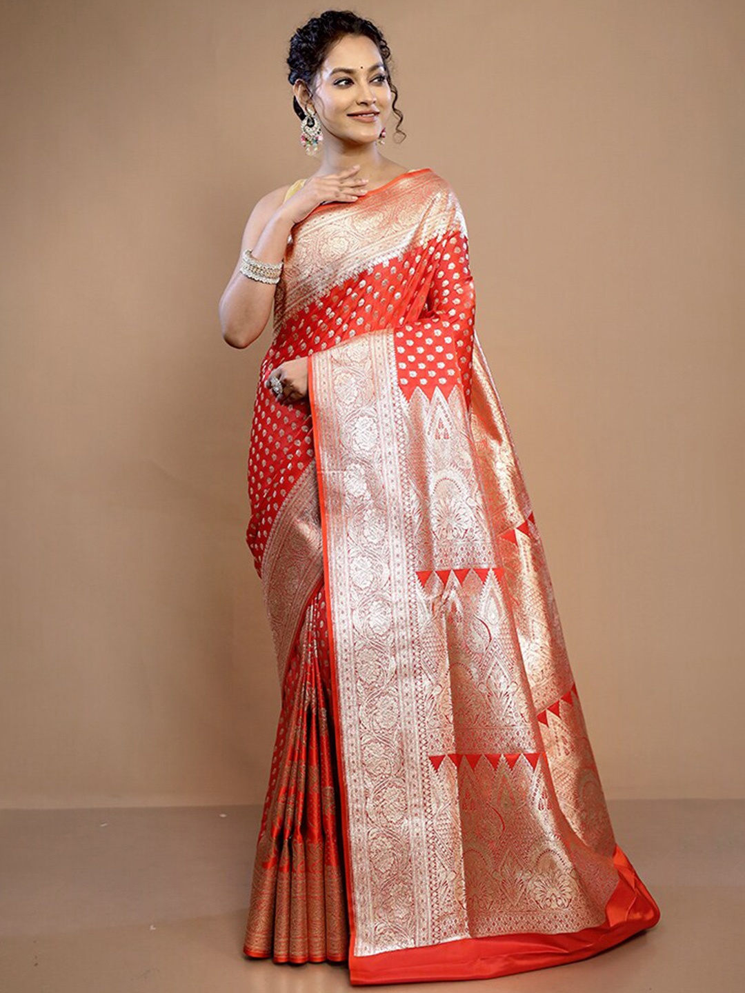 

AllSilks Ethnic Motifs Woven Design Zari Pure Silk Banarasi Saree, Red