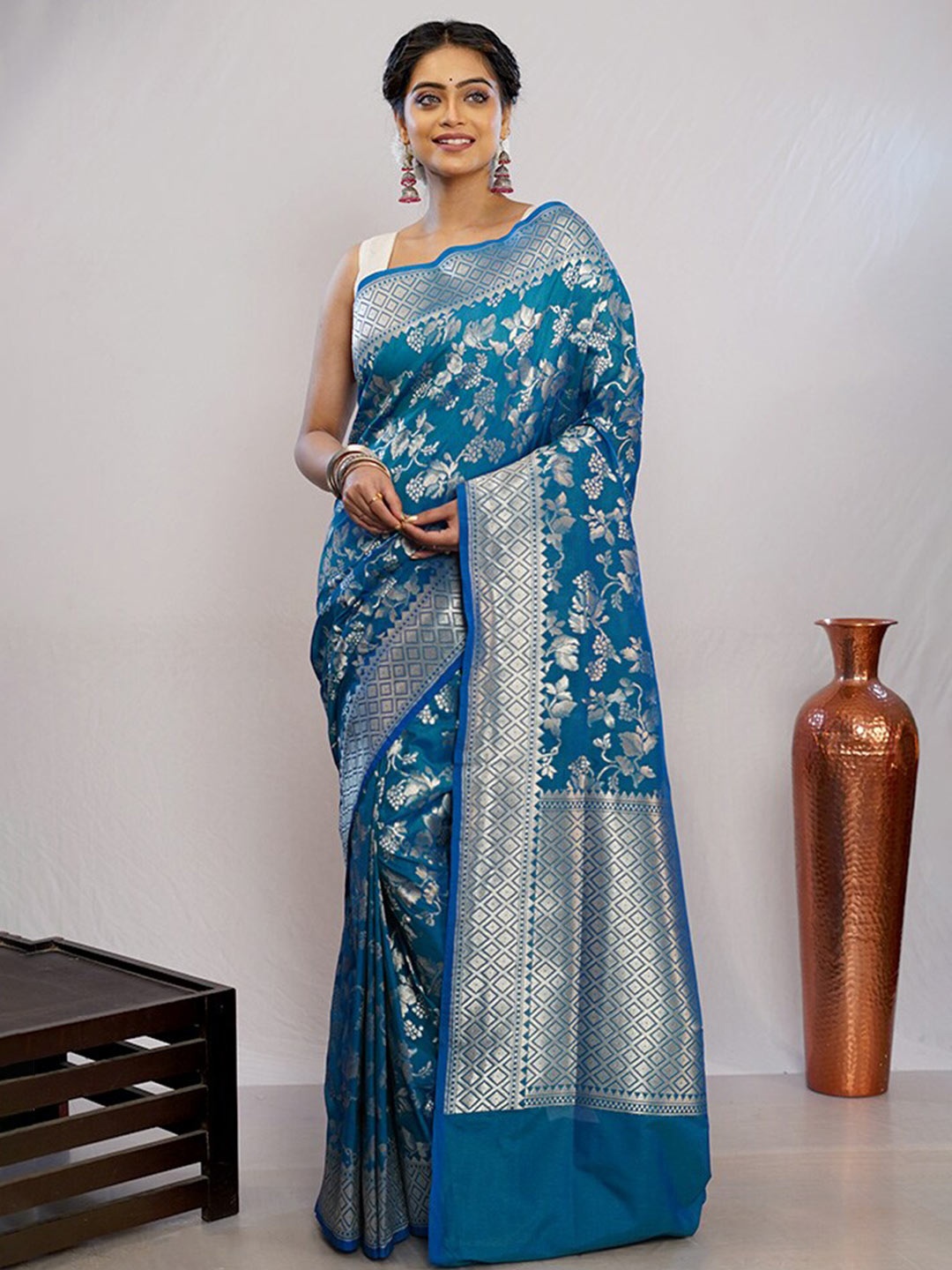 

AllSilks Ethnic Motifs Woven Design Zari Pure Silk Uppada Saree, Blue