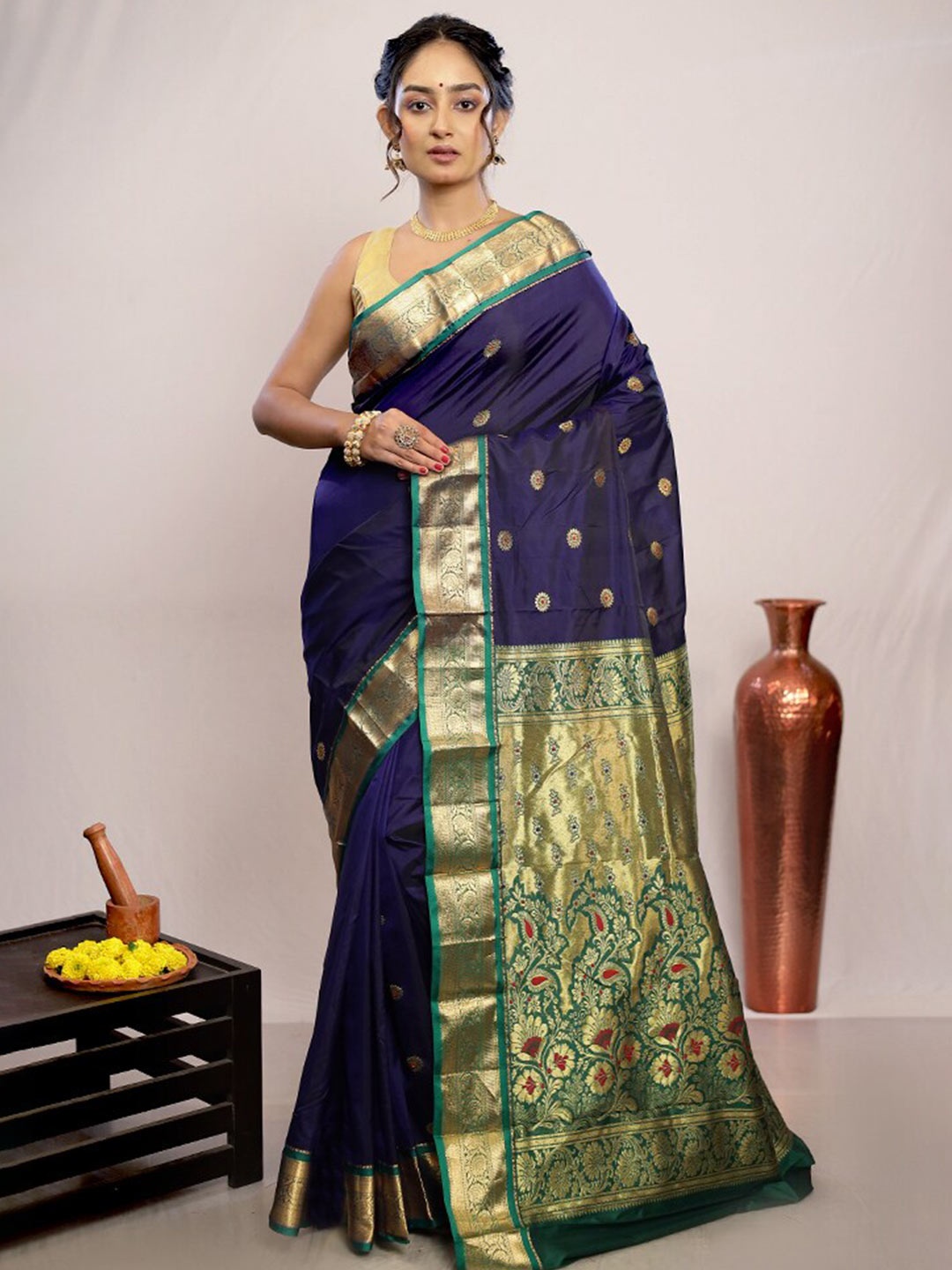 

AllSilks Ethnic Motifs Zari Pure Silk Kanjeevaram Saree, Blue