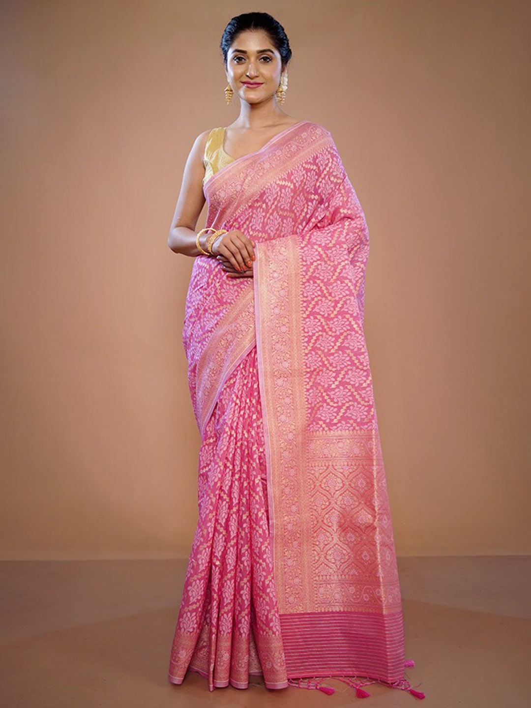 

AllSilks Ethnic Motifs Woven Design Zari Pure Silk Saree, Pink