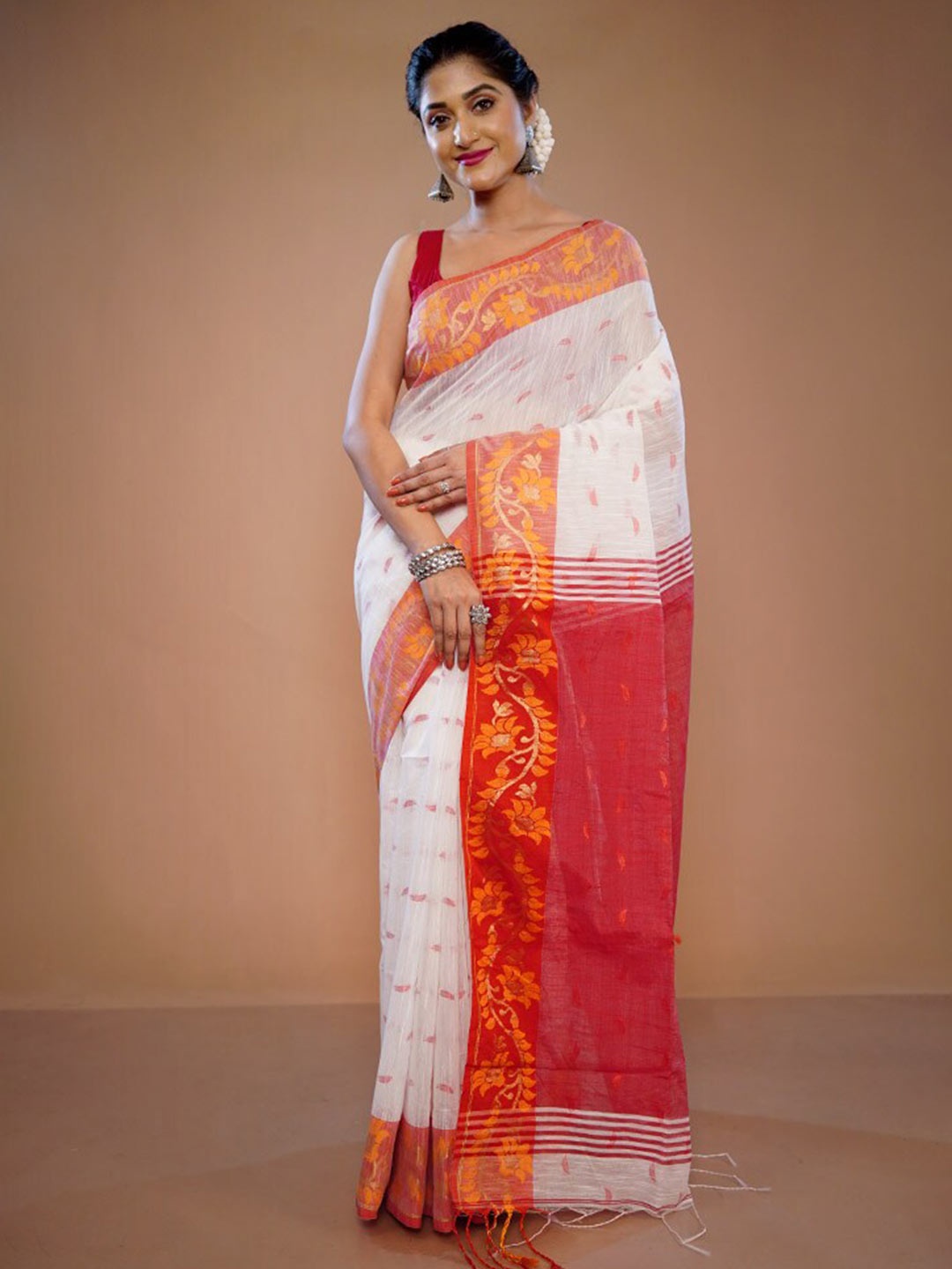 

AllSilks Ethnic Motifs Floral Pure Silk Saree, White