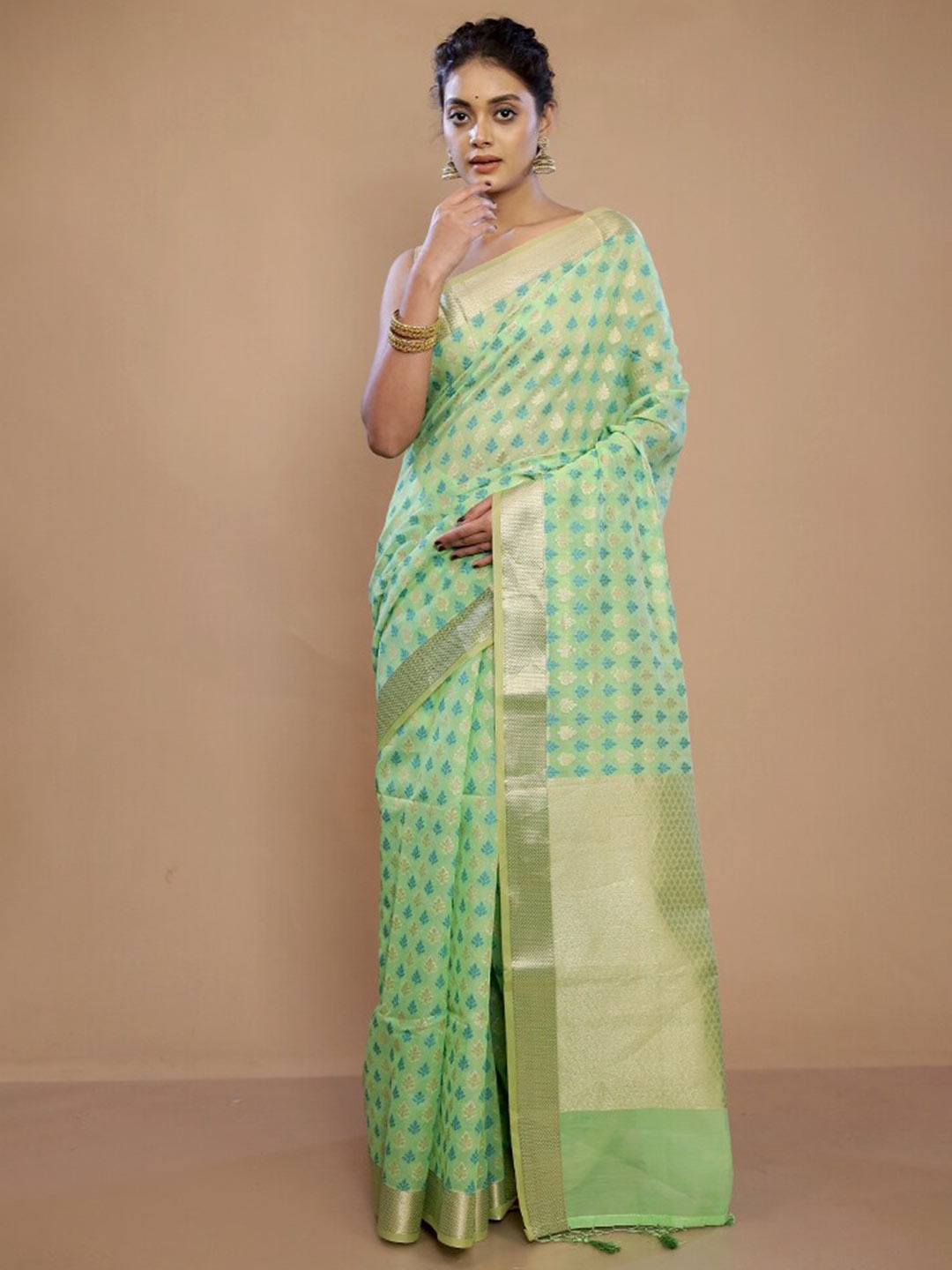 

AllSilks Ethnic Motifs Woven Design Zari Pure Silk Saree, Green