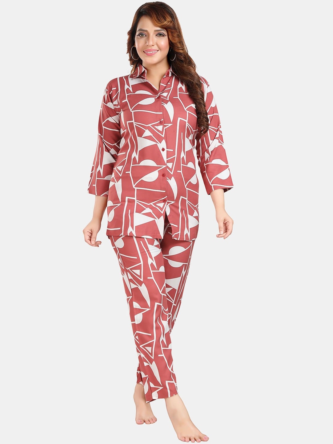 

Fabme Geometric Printed Shirt Collar Night Suit, Pink