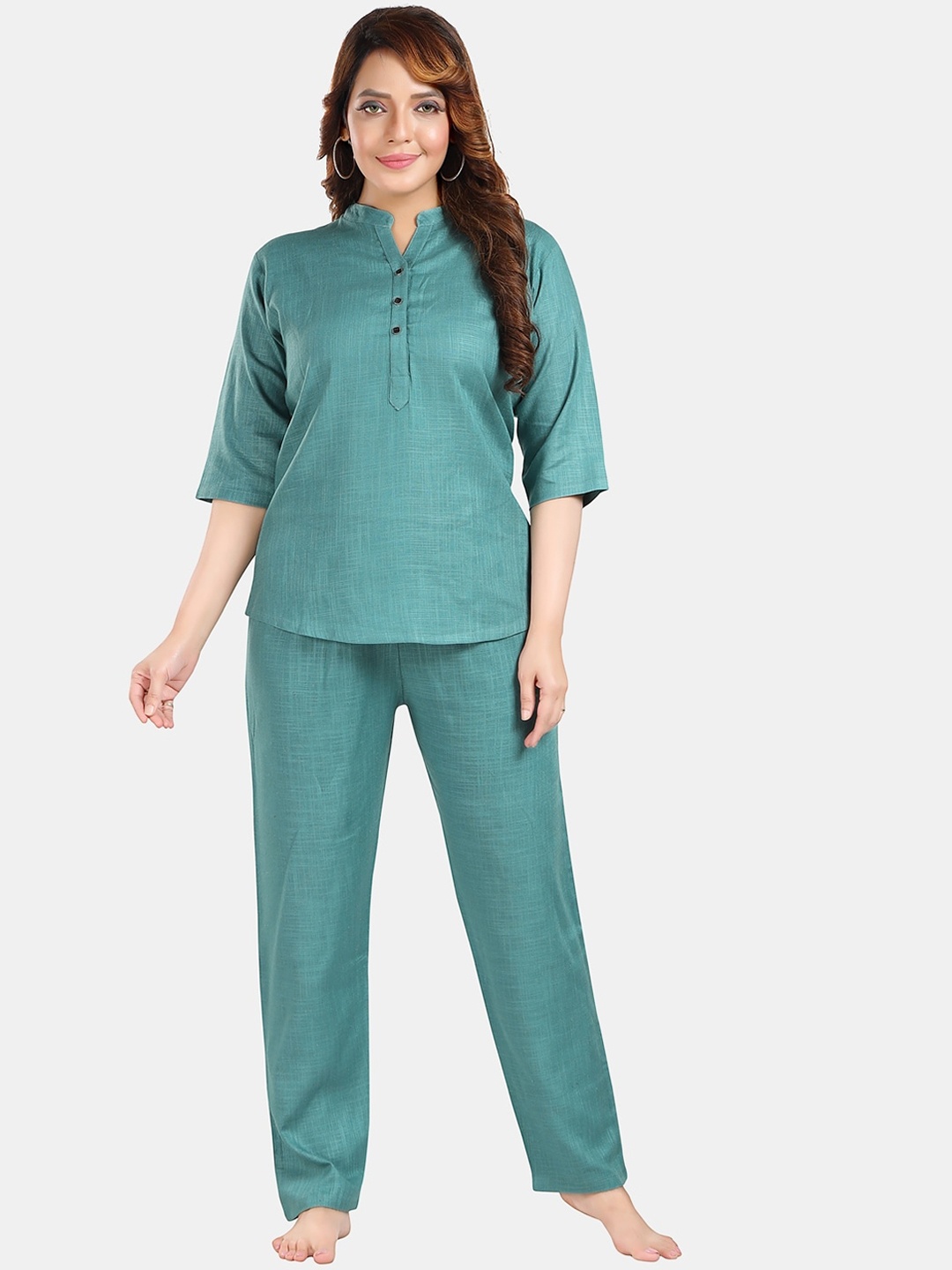 

Fabme Mandarin Collar Pure Cotton Night Suit, Green