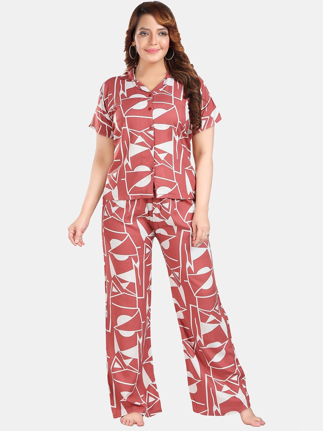 

Fabme Geometric Printed Pure Cotton Shirt With Trouser, Pink