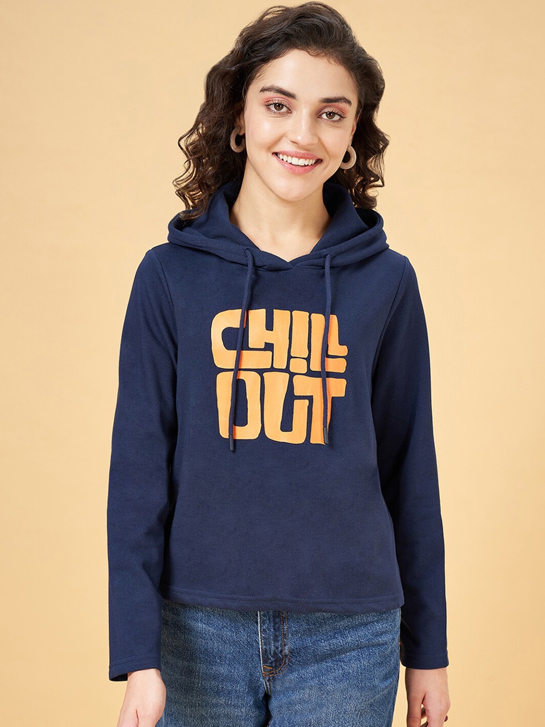 

YU by Pantaloons Typography Printed Hooded Pullover, Navy blue