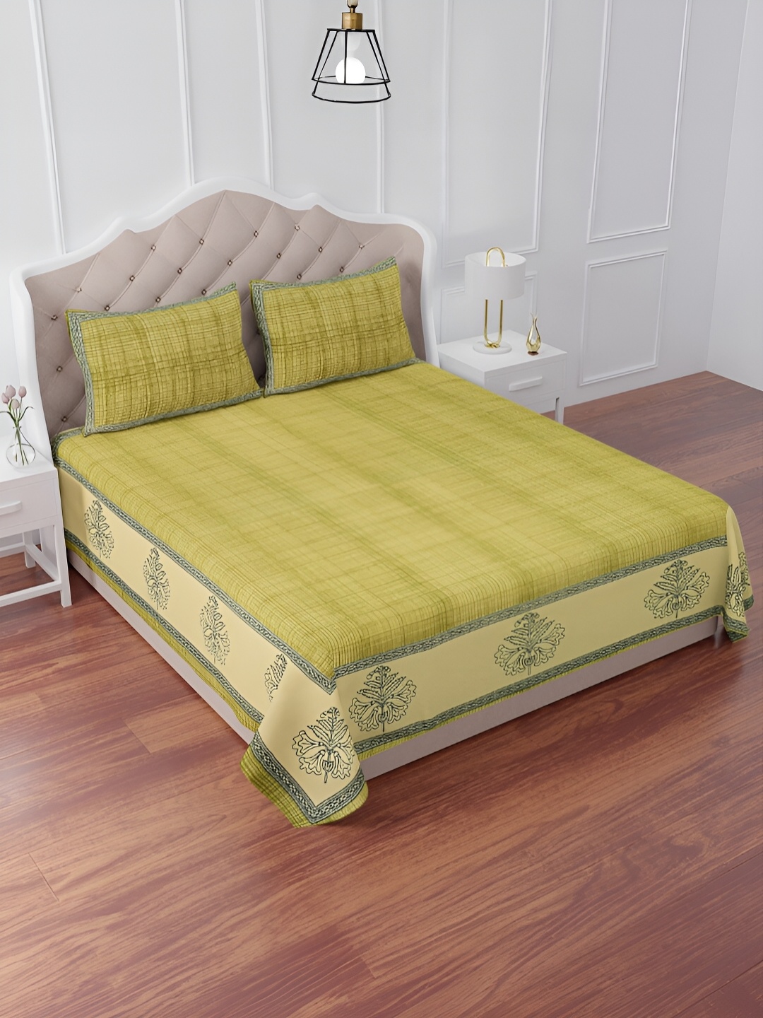 

The Craft Monk Green Cotton 240 TC King Bedsheet with 2 Pillow Covers