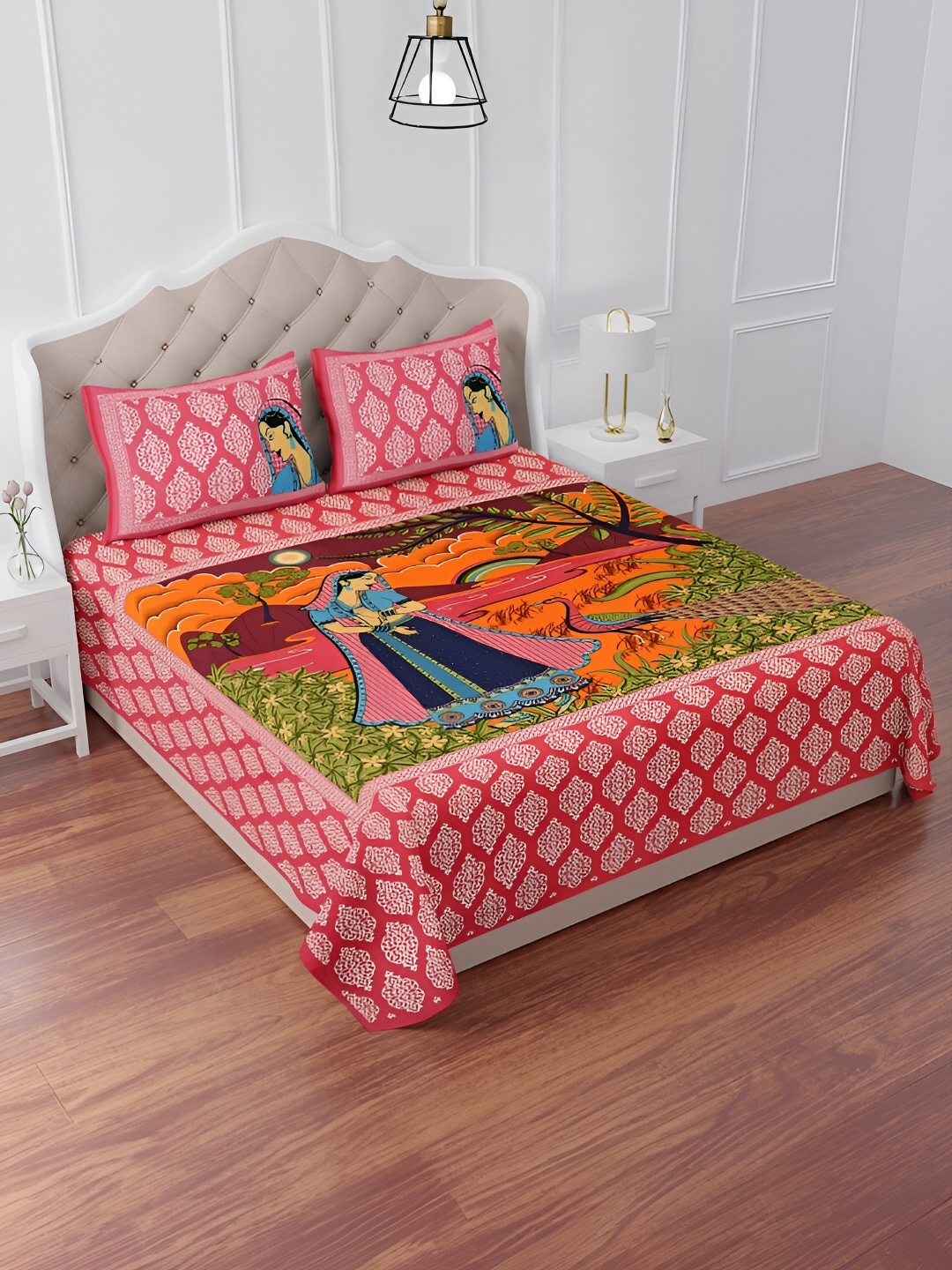 

The Craft Monk Pink & Orange 240 TC King Bedsheet with 2 Pillow Covers