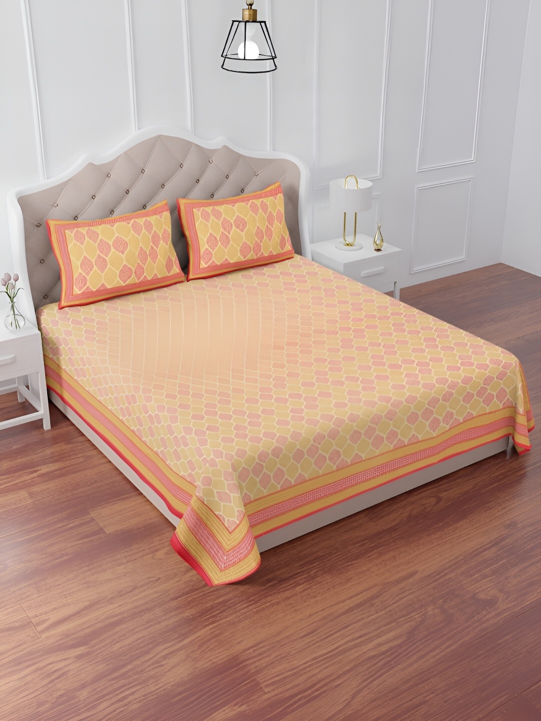 

The Craft Monk Yellow & Pink Cotton 240 TC King Bedsheet with 2 Pillow Covers