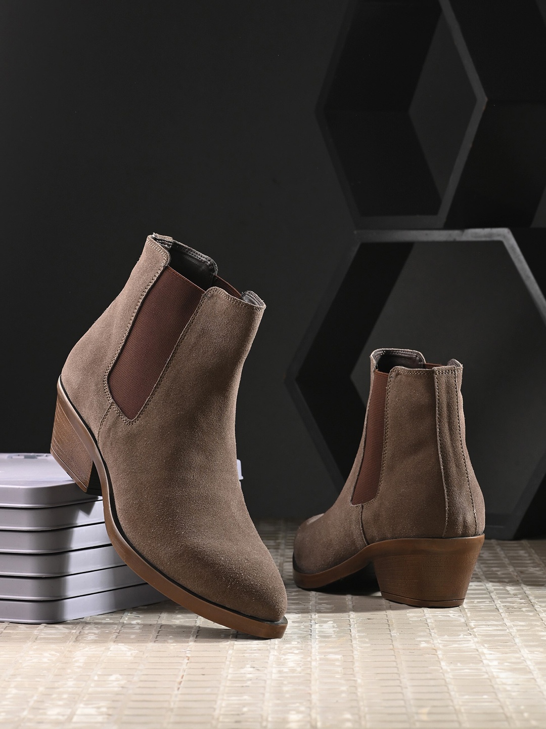 

San Frissco Women Block-Heeled Leather Suede Chelsea Boots, Beige