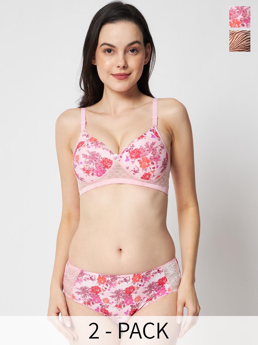 

BEWILD Pack Of 2 Floral Printed Lingerie Sets, Pink
