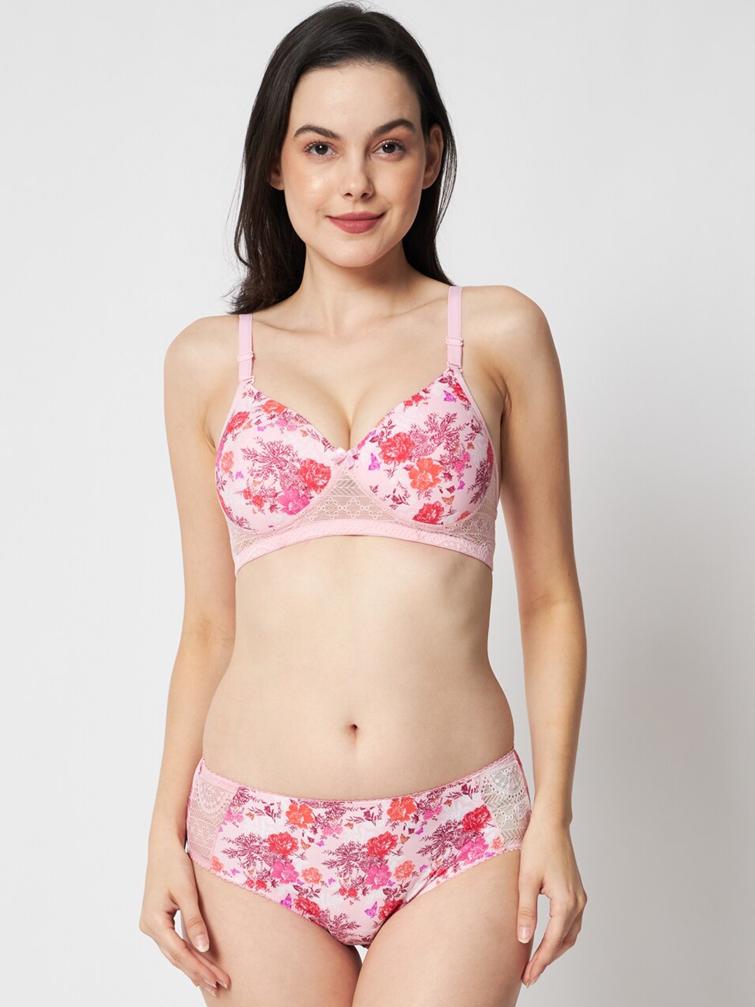 

BEWILD Floral Printed Light Padded Full Coverage Seamless Lingerie Set, Pink