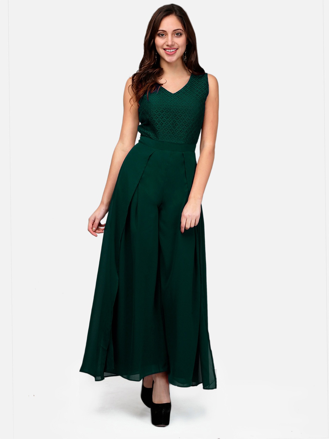 

V&M Self Design Basic Sleeveless Jumpsuit, Green