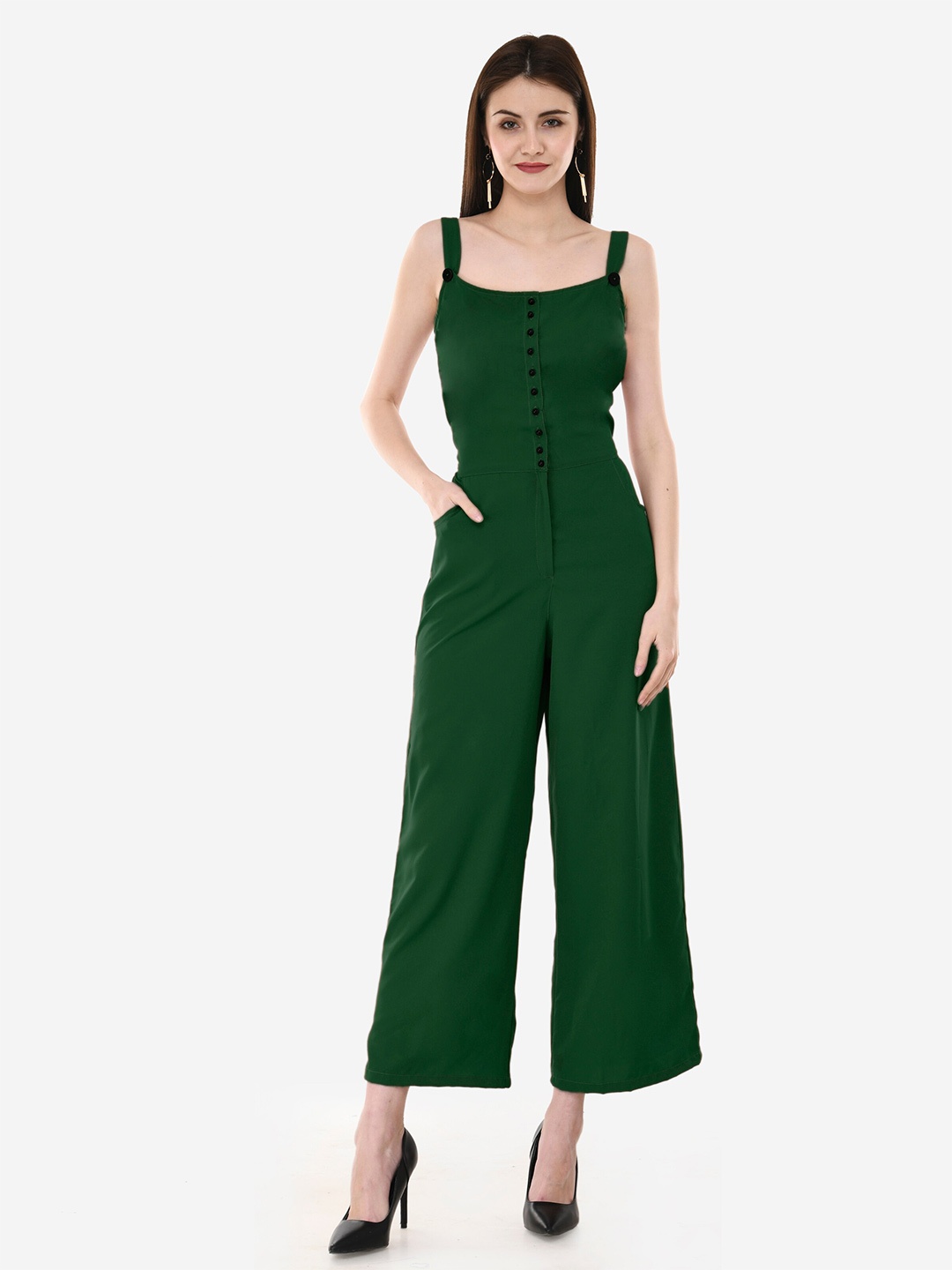 

V&M Self Design Shoulder Straps Basic Jumpsuit, Green