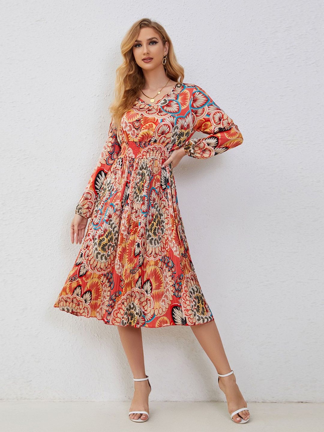 

StyleCast Orange & Blue Floral Print Puff Sleeve Fit & Flare Dress