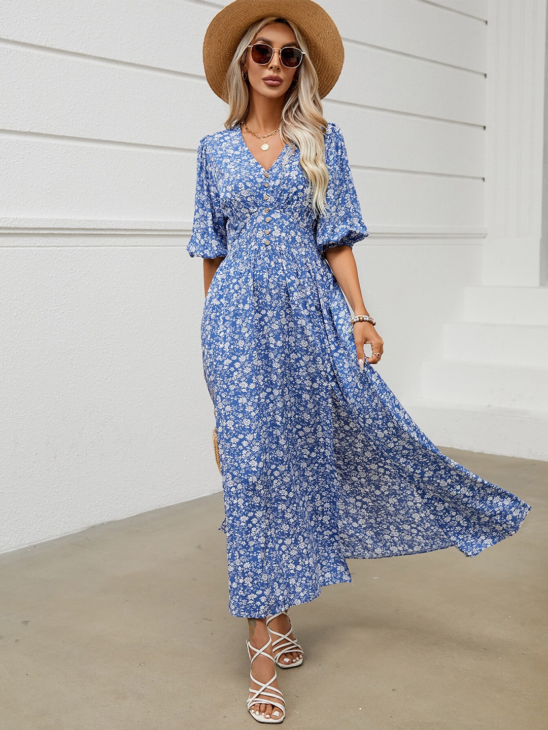 

StyleCast Blue & White Floral Print Puff Sleeve Cotton Maxi Dress