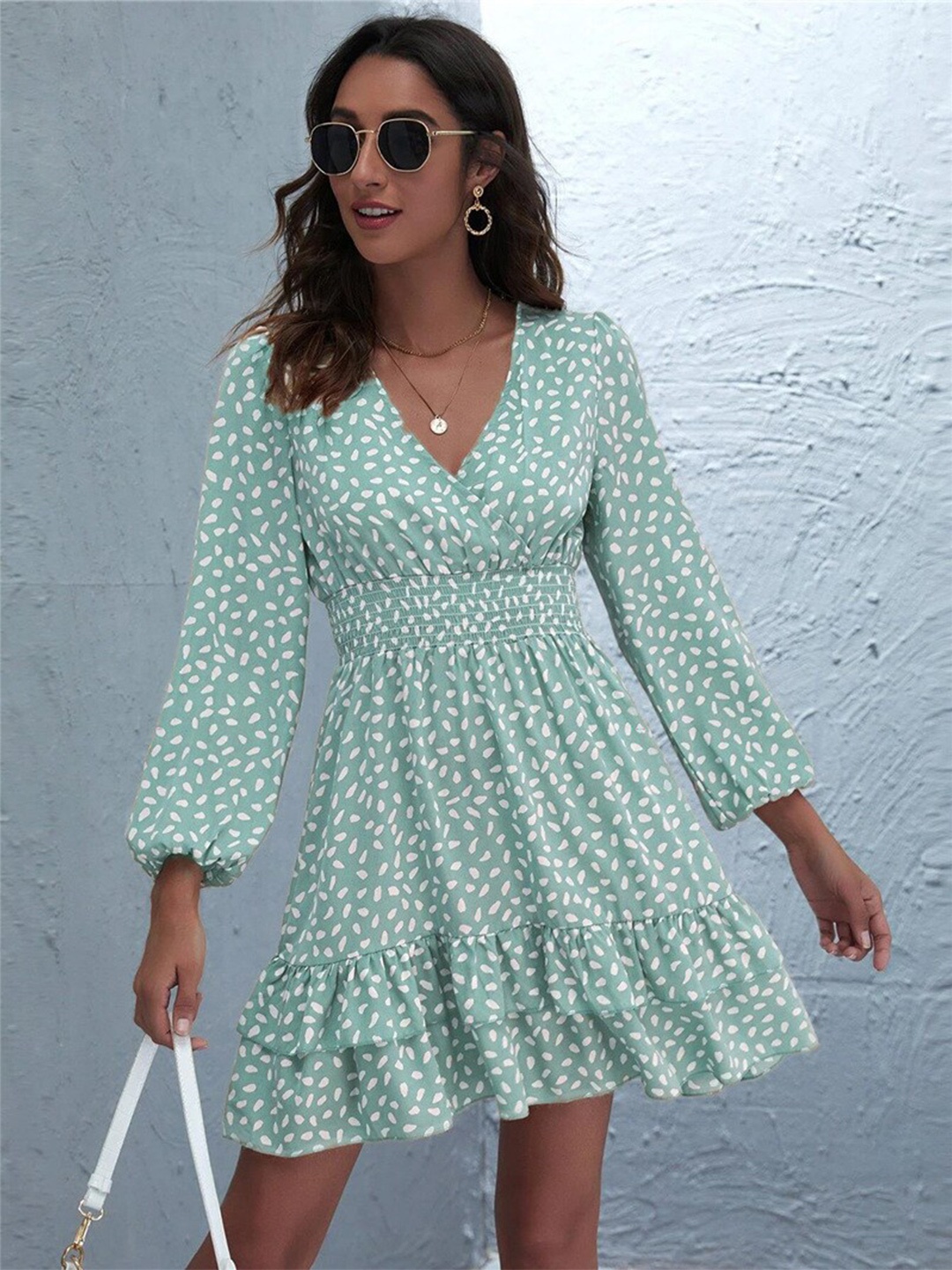 

StyleCast Green & White Abstract Print Puff Sleeve Fit & Flare Dress