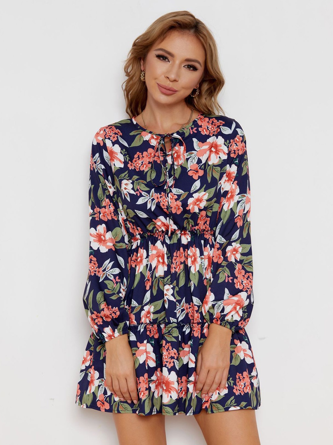 

StyleCast Navy Blue & Pink Floral Print Puff Sleeve Fit & Flare Mini Dress
