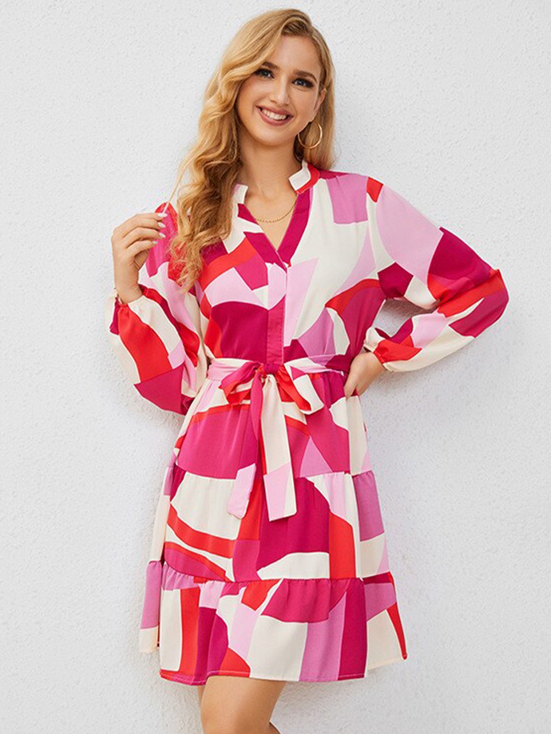 

StyleCast Pink & white Geometric Printed Fit & Flare Dress