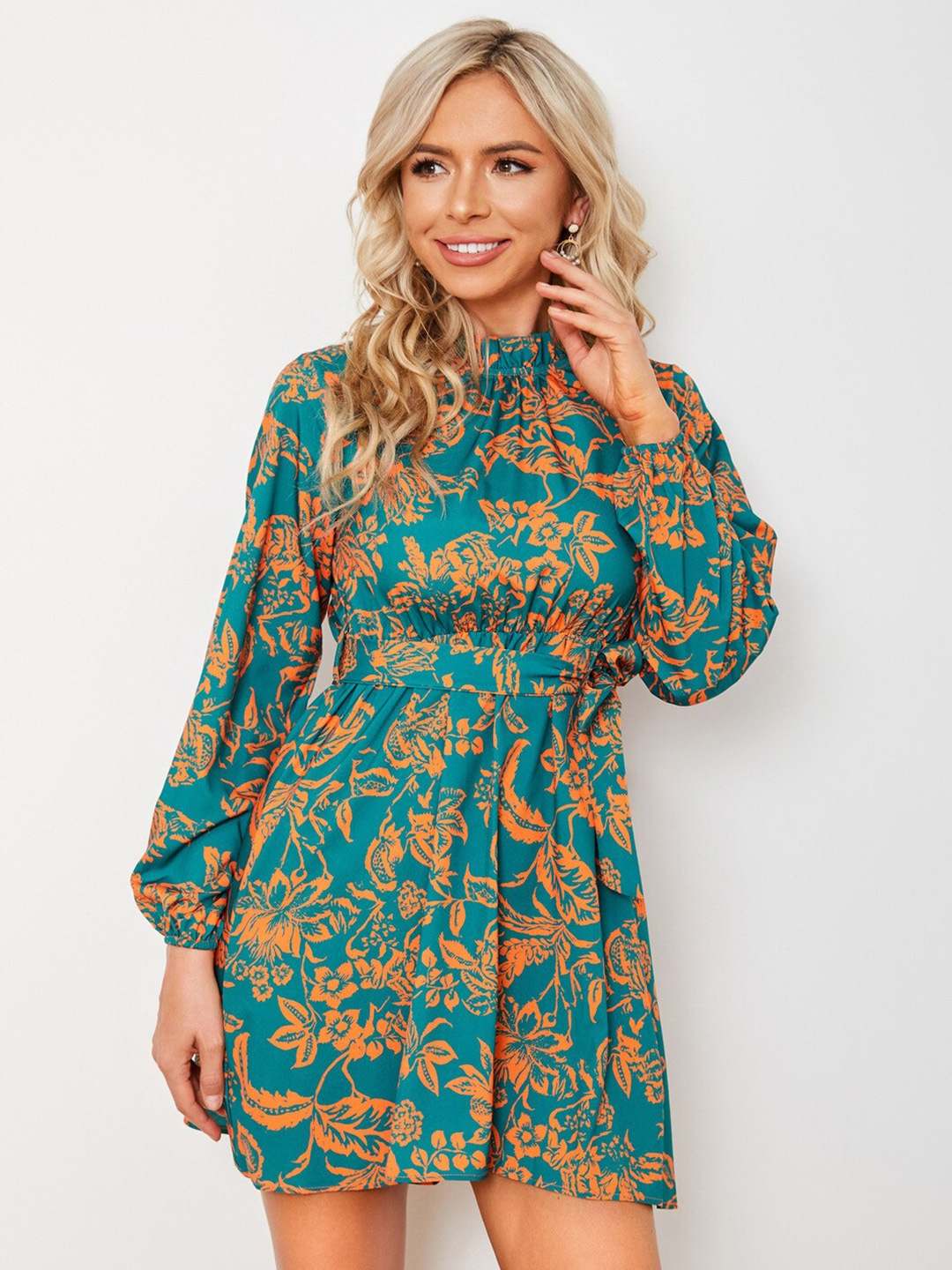 

StyleCast Blue & Orange Floral Printed Cuffed Sleeve Cotton Fit & Flare Dress